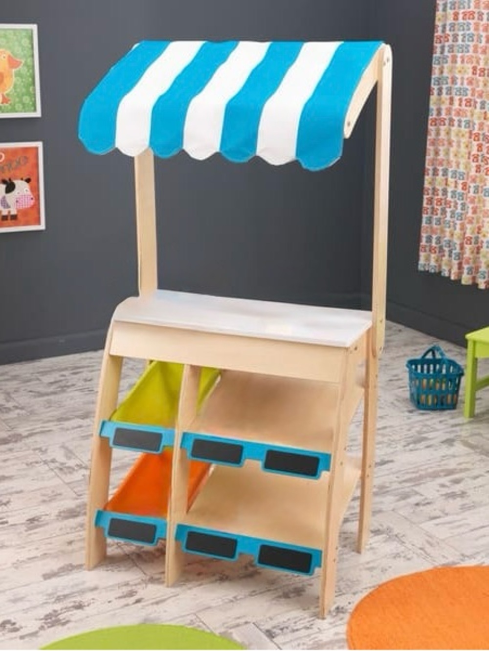 Children's Play Market Stand with Blue & White Canopy